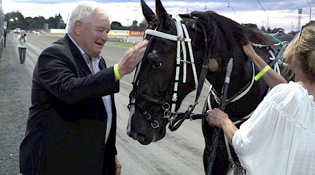 Ian Middleton greets his pride and joy Onyx Shard, held by Deb bie Green who bought the filly for him.