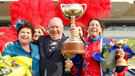 Merv and Meg Butterworth with trainer-driver Kerryn Manning after Arden Rooney’s 2015 New Zealand Cup win.