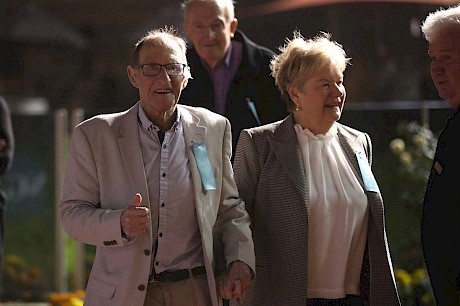 Ian Dobson, with partner Janice, gives the thumbs up after another great night at Addington.