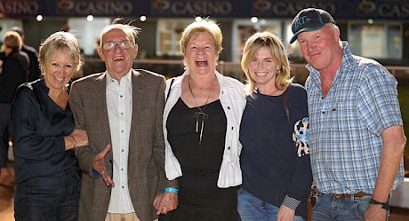 A winning team … Ian Dobson with, from left, his daughter Lynne, partner Janice, and Muscle Mountain’s trainers, Nina and Greg Hope.