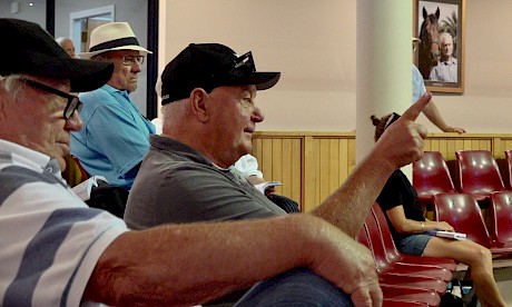 Lincoln Farms’ owner John Street looks on as Ian Middleton puts in a bid for him at today’s New Zealand Bloodstock sale at Karaka.