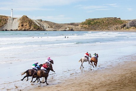 Picturesque Castlepoint Beach, with the famed Castlepoint Lighthouse and Pacific Ocean in the background.