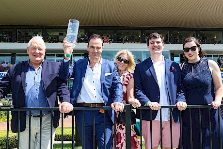Happy connections, from left, Lincoln Farms’ rep Ian Middleton, Neville McAlister and his partner Rochelle Dudding, McAlister’s son Zane and his girlfriend Taylor Seales. PHOTO: Ajay Berry/Race Images.