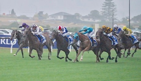 Platinum Attack, inner, is right in the fight in last year’s Railway at Ellerslie.
