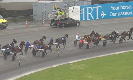 Into the first turn and Lincoln Wave leads, with stablemate Sammy Lincoln galloping at the rear after being all but decked.