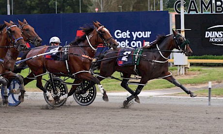 Lincoln Lover sprints up the passing lane to beat Katies Princess at Cambridge. PHOTO: Katie Steffert/Race Images.