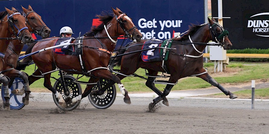 Lincoln Lover sprints up the passing lane to beat Katies Princess at Cambridge. PHOTO: Katie Steffert/Race Images.