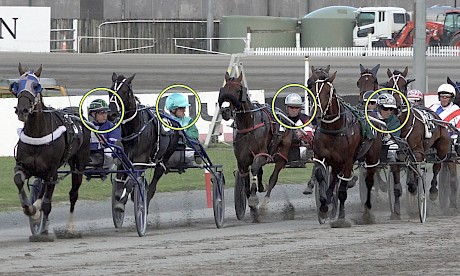Drivers look around to see what caused the loud bang when Lincoln Wave’s sulky tyre punctured.